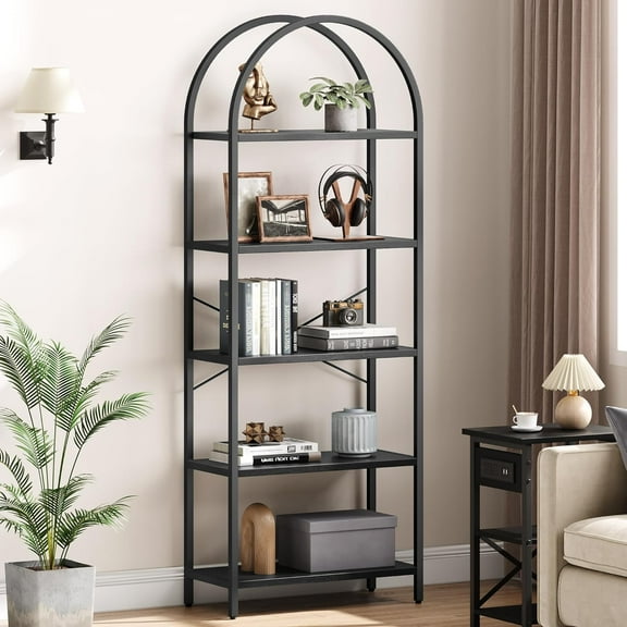 IdealHouse Arched 5-Tier Bookshelf, Modern Bookcase with Gold Metal Frame, Tall Wood Storage Shelf for Living Room, Bedroom, Home Office, Easy Assembly, Black