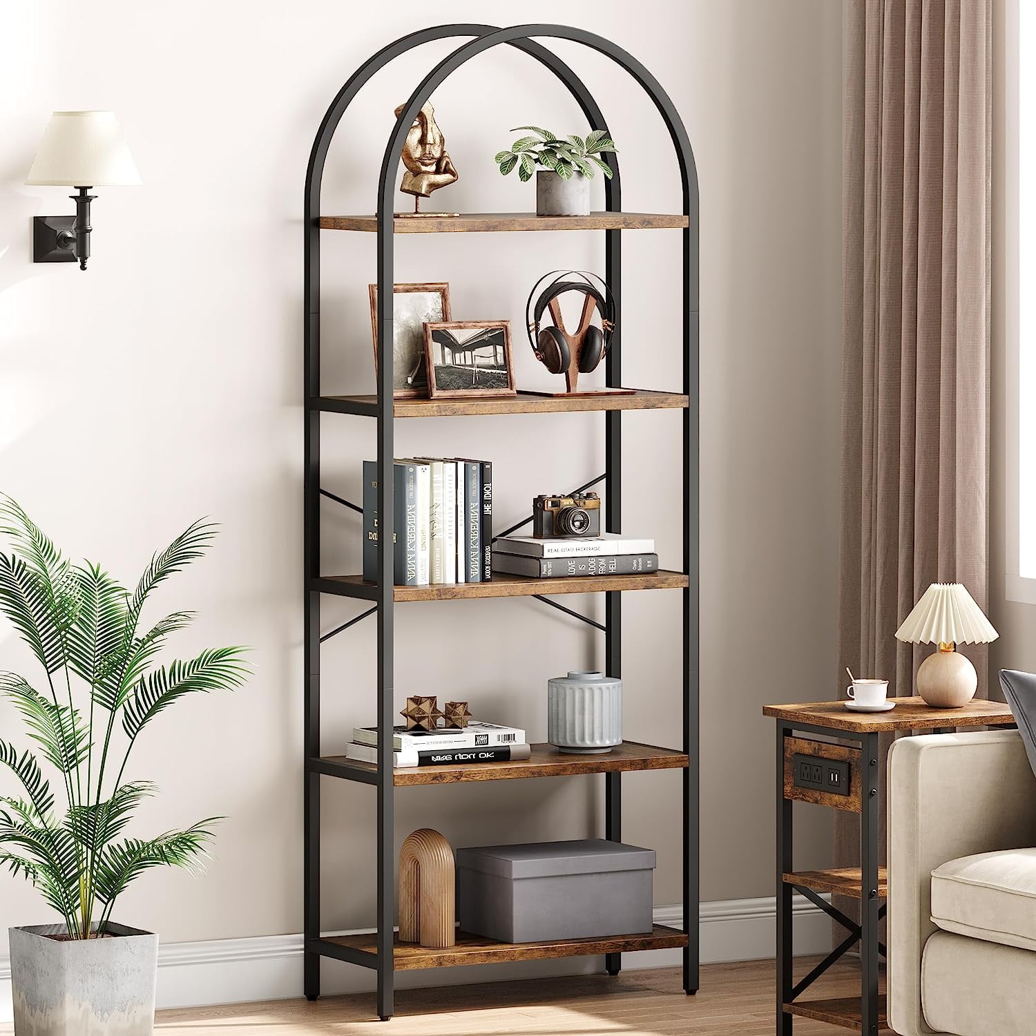 IdealHouse Arched 5-Tier Bookshelf, Modern Bookcase with Gold Metal Frame, Tall Wood Storage Shelf for Living Room, Bedroom, Home Office, Easy Assembly, Brown
