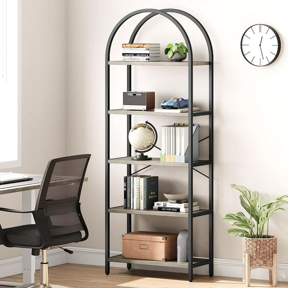 IdealHouse Arched 5-Tier Bookshelf, Modern Bookcase with Gold Metal Frame, Tall Wood Storage Shelf for Living Room, Bedroom, Home Office, Easy Assembly, Grey