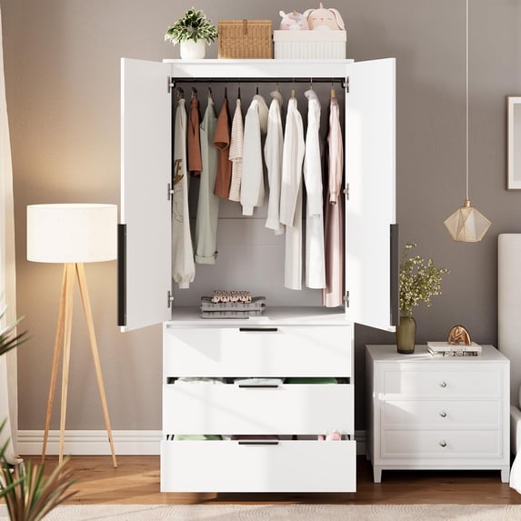 IdealHouse Armoire Wardrobe Closet with 3 Drawers and 2 Doors, Modern Tall Wooden Wardrobe Cabinet for Hanging Clothes, Bedroom Storage Organizer, White