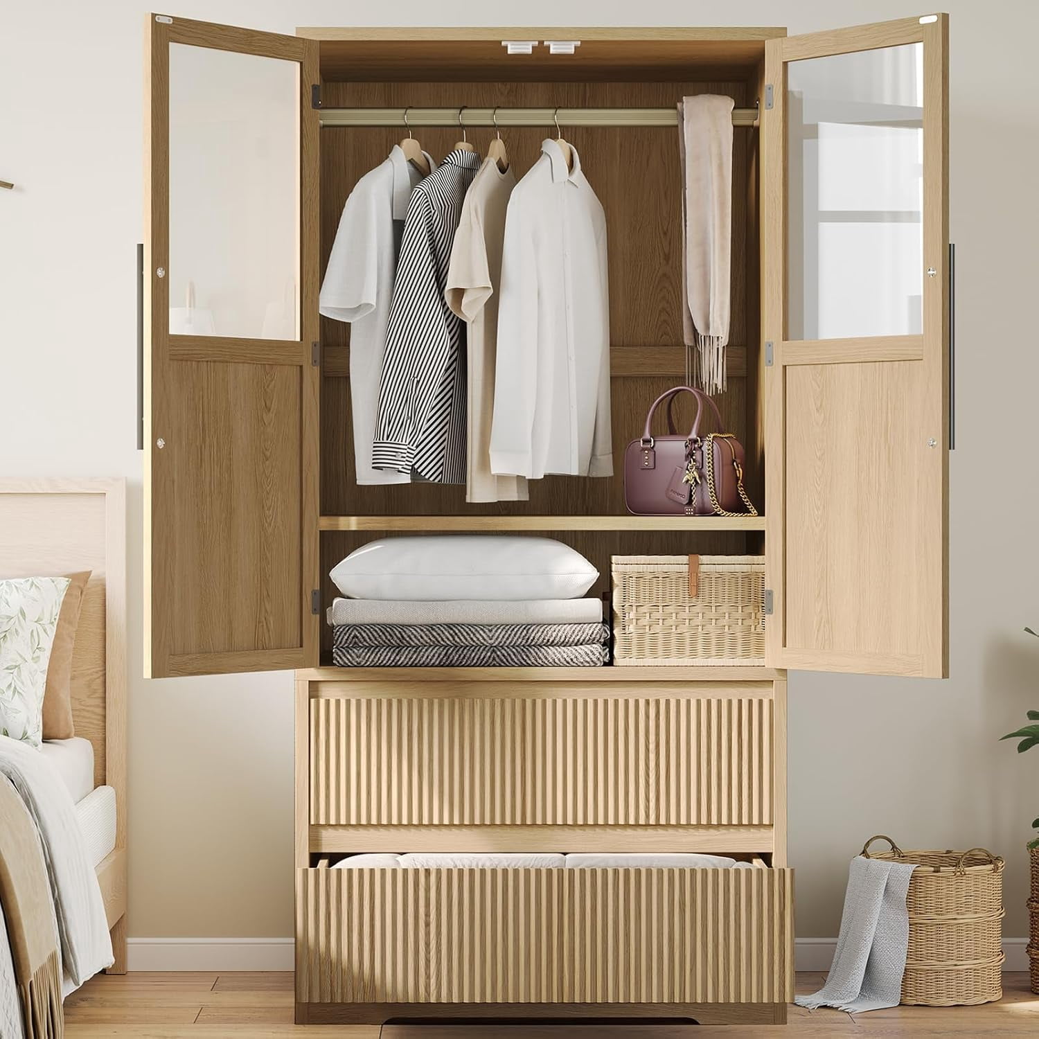 IdealHouse Bedroom Wooden Armoire Wardrobe Closet with Glass Doors, 2 ...