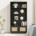 thumbnail image 1 of IdealHouse Boho 5-Tier Bookshelf with Rattan Doors, Tall Wooden Bookcase with Storage, Freestanding Display Shelf for Living Room, Bedroom, Home Office, or Kitchen, Black, 1 of 8