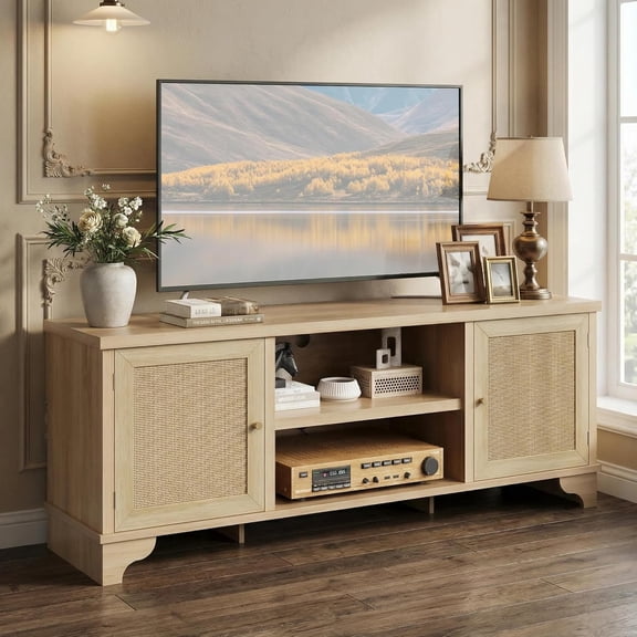 IdealHouse Boho Media Console Table, Rattan TV Stand Cabinet for TVs Up to 65 Inches, Entertainment Center with Open Shelf for Living Room/Bedroom