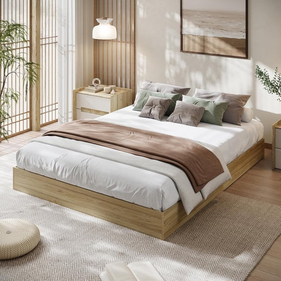 IdealHouse California King Size Solid Wood Platform Bed, Floor-Standing Bed Frame with Wooden Slats, Minimalist Space-Saving, Golden Tan Wood