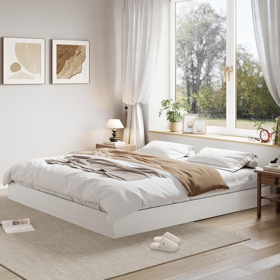 IdealHouse California King Size Solid Wood Platform Bed Frame, Floor-Standing, Modern Minimalist, Sturdy Slats, No Box Spring Needed, Space-Saving, White