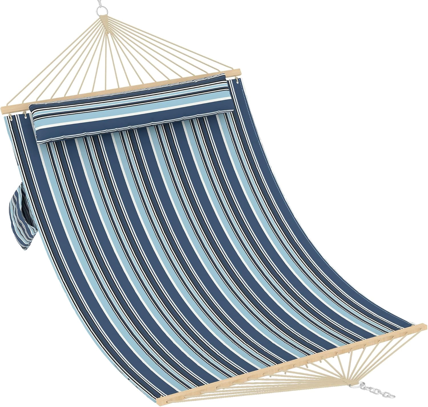 IdealHouse Comfortable 2 Person Quilted Hammock with Hardwood Spreader Bars & Pillow – 450lbs Capacity – Ideal for Patio, Backyard – Double Outdoor Hammock – Dark and Light Blue Stripes