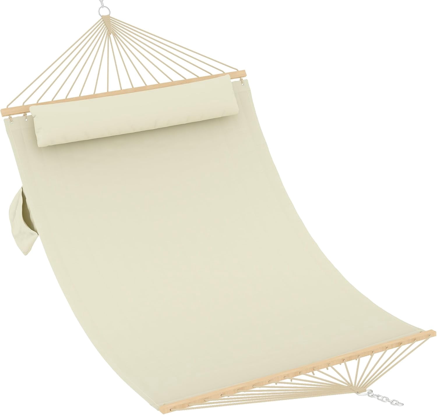 IdealHouse Comfortable 2 Person Quilted Hammock with Hardwood Spreader Bars & Pillow – 450lbs Capacity – Ideal for Patio, Backyard, or Poolside – Double Outdoor Hammock – Beige