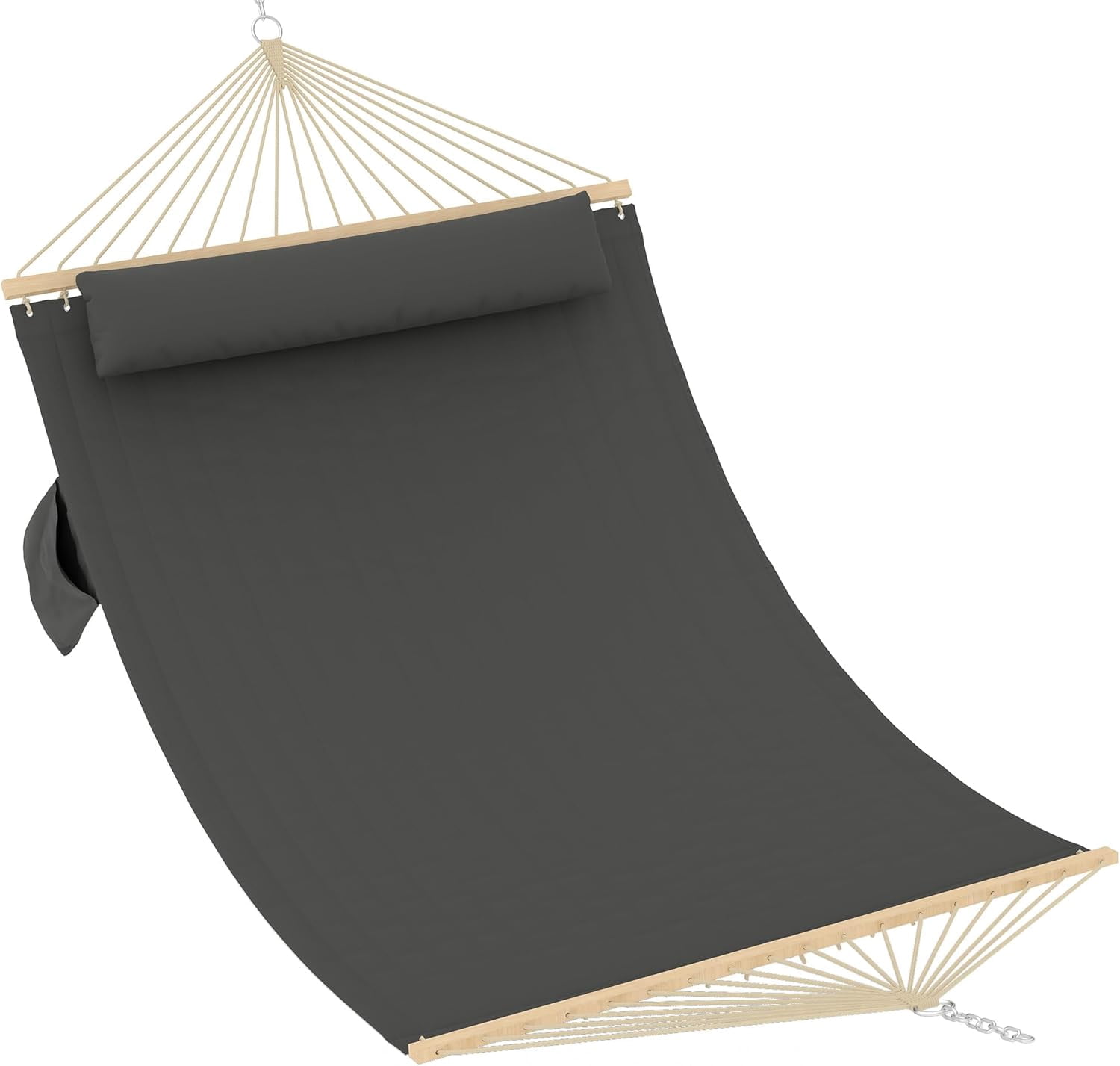 IdealHouse Comfortable 2 Person Quilted Hammock with Hardwood Spreader Bars & Pillow – 450lbs Capacity – Ideal for Patio, Backyard, or Poolside – Double Outdoor Hammock – Dark Gray