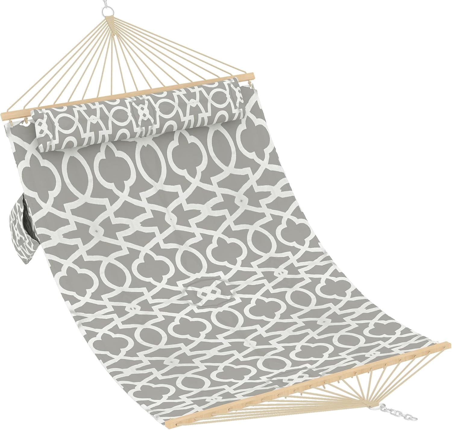 IdealHouse Comfortable 2 Person Quilted Hammock with Hardwood Spreader Bars & Pillow – 450lbs Capacity – Ideal for Patio, Backyard, or Poolside – Double Outdoor Hammock – Light Gray Stripes