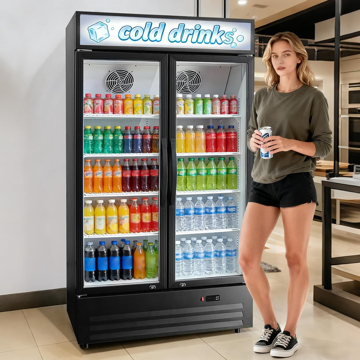 IdealHouse Commercial Beverage Refrigerator, 580 Can Black Commercial Display Fridge with 2 Glass Door, Drink Cooler with 4 Adjustable Shelves and Casters for Stores, Restaurant, Office