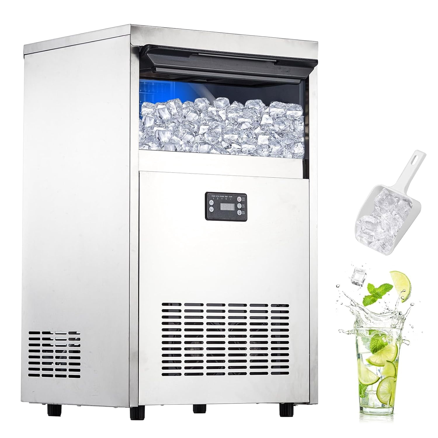 IdealHouse Commercial Grade Ice Maker Machine 100lbs/24H,2 Water Inlet Modes,Stainless Steel Under Counter Ice Machine with 33lbs Storage Bin,Freestanding Ice Maker 50Pcs/Cycle