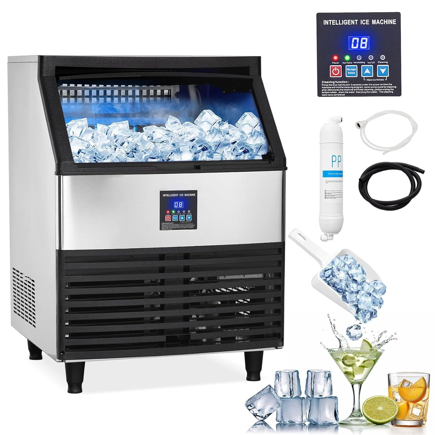 IdealHouse Commercial Ice Cube Maker, 120 Lbs Per 24 Hours, 26 Lbs Storage Capacity, 2-Way Water Add Modes, 60 Cubes in 5 Minutes, Stainless Steel Ice Machine