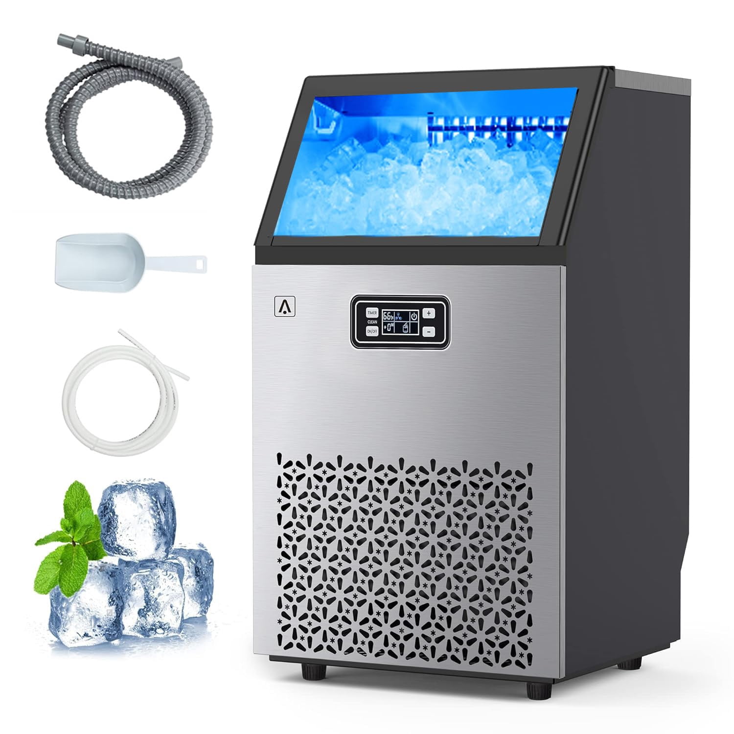 IdealHouse Commercial Ice Maker Machine, Under Counter Ice Maker, 150LBS/24H with 33LBS Ice Capacity,Stainless Steel Freestanding Ice Machine with Ice Scoop, Self-Cleaning