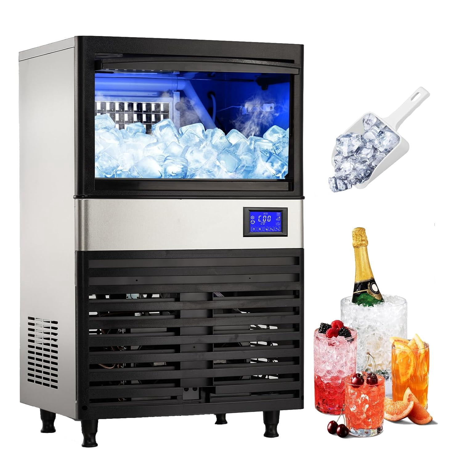 IdealHouse Commercial Ice Maker Machine Free Standing Ice Machine for Bars/Cafe/Shop/Office, Stainless Steel Icemaker, 110LBS/24H, Auto Clean with 12kg Ice Storage Capacity