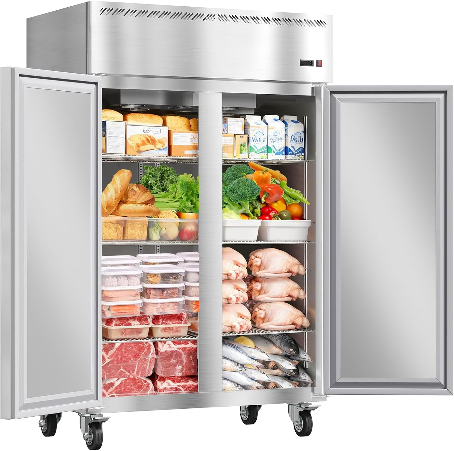 IdealHouse Commercial Refrigerator Reach-In 48" W Double Solid Door Stainless Steel Commercial Refrigerator 36 Cu.Ft Fan Cooling for Restuarant, Bar, Shop, Etc