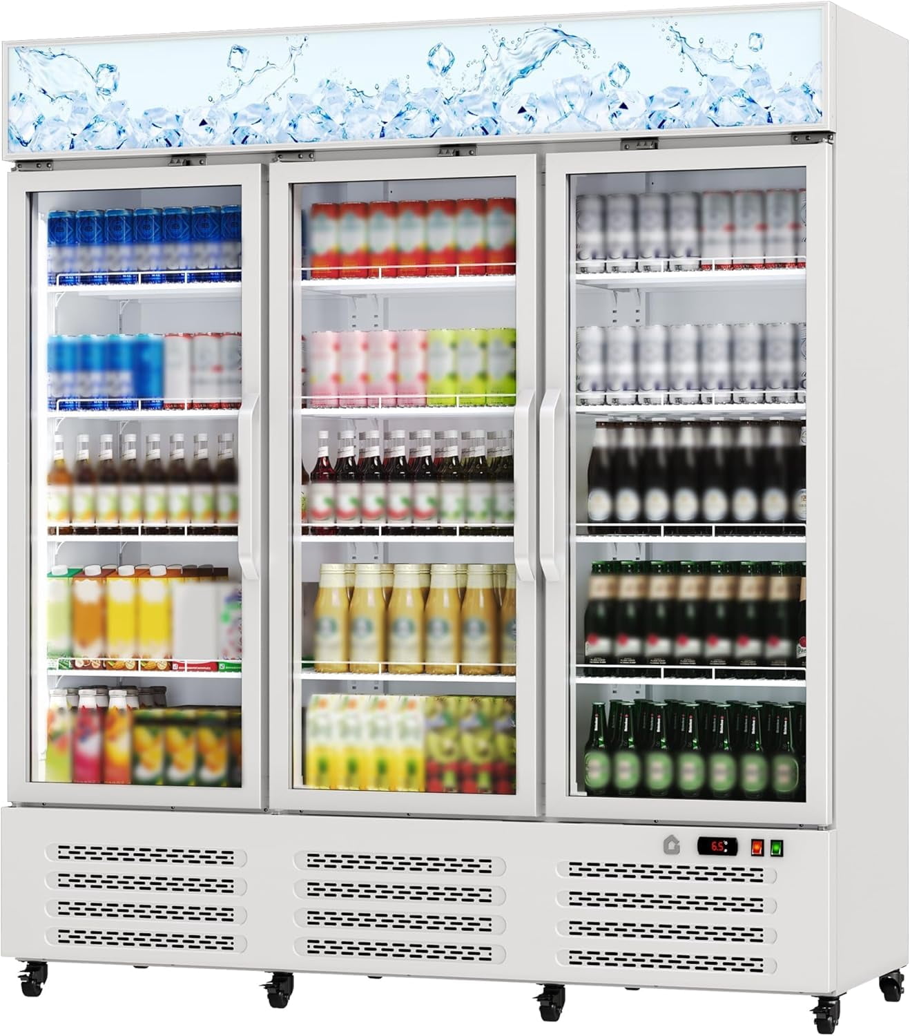 IdealHouse Commercial Refrigerator, Three Glass Door Display Beverage Fridge, 39 Cu ft Upright Beverage Cooler Merchandiser with Soft LED Light, Adjustable Shelves and Swivel Castors, Fast Cooling