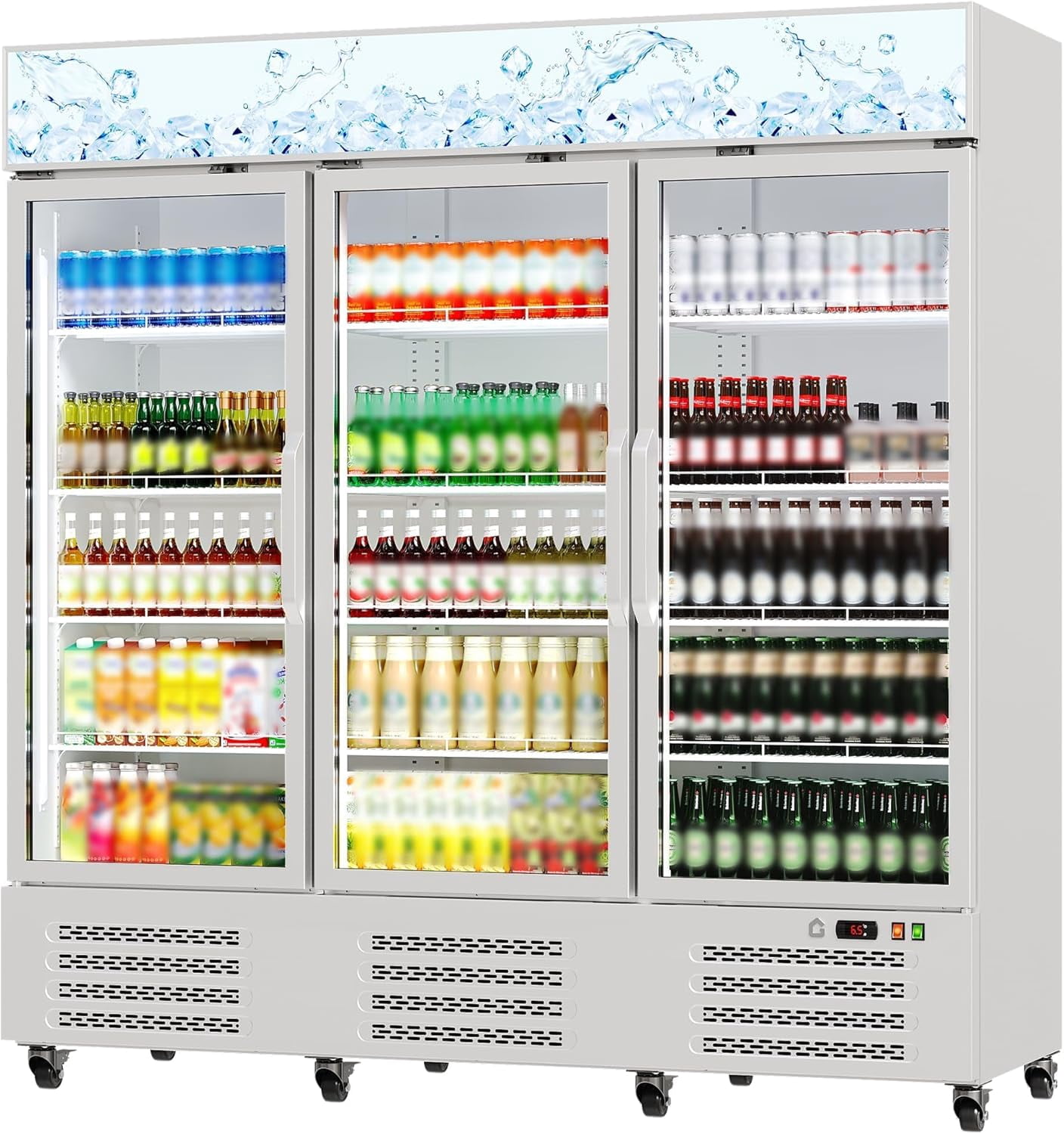 IdealHouse Commercial Refrigerator, Three Glass Door Display Beverage Fridge, 55 Cu ft Upright Beverage Cooler Merchandiser with Soft LED Light, Adjustable Shelves and Swivel Castors, Fast Cooling