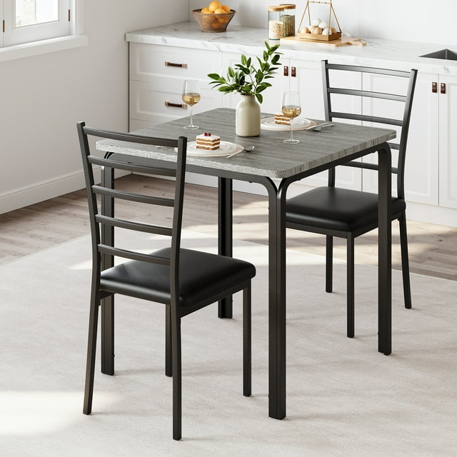 IdealHouse Dining Table Set for 2, Kitchen Table and Chairs, Square Wooden Tabletop Dining Room Table Set with 2 Upholstered Chairs, 3 Piece Dining Table Set for Small Spaces, Apartment, Grey