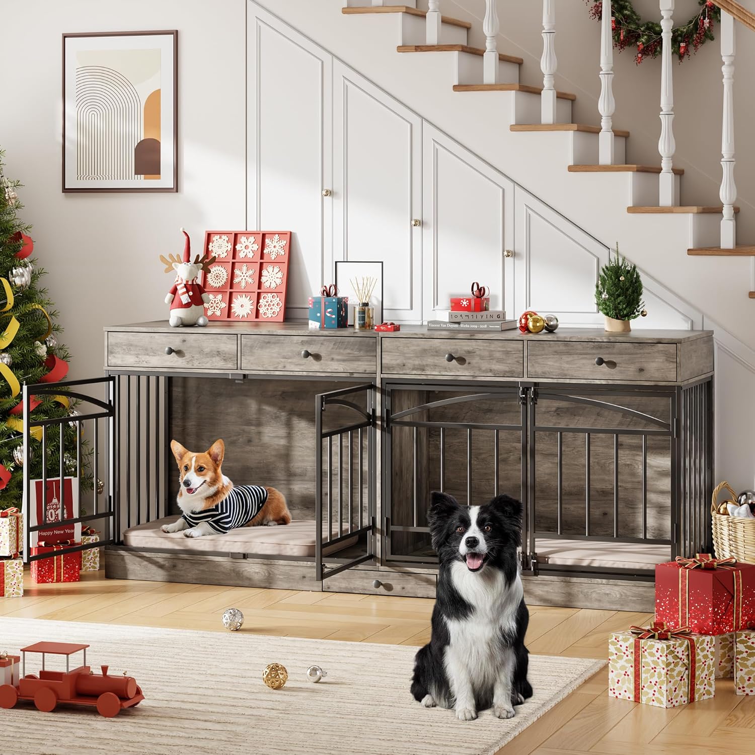 IdealHouse Double Dog Crate Furniture for 2 Dogs, Indoor Pet Kennel TV Stand with 4 Storage Drawers & Feeding Bowls, for Small/Medium Dogs, Grey