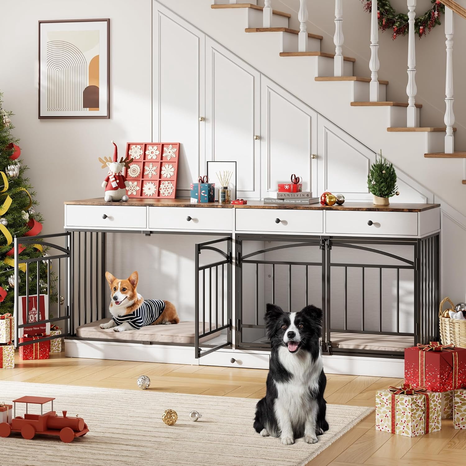 IdealHouse Double Dog Crate Furniture for 2 Dogs, Indoor Pet Kennel TV Stand with 4 Storage Drawers & Feeding Bowls, for Small/Medium Dogs, White