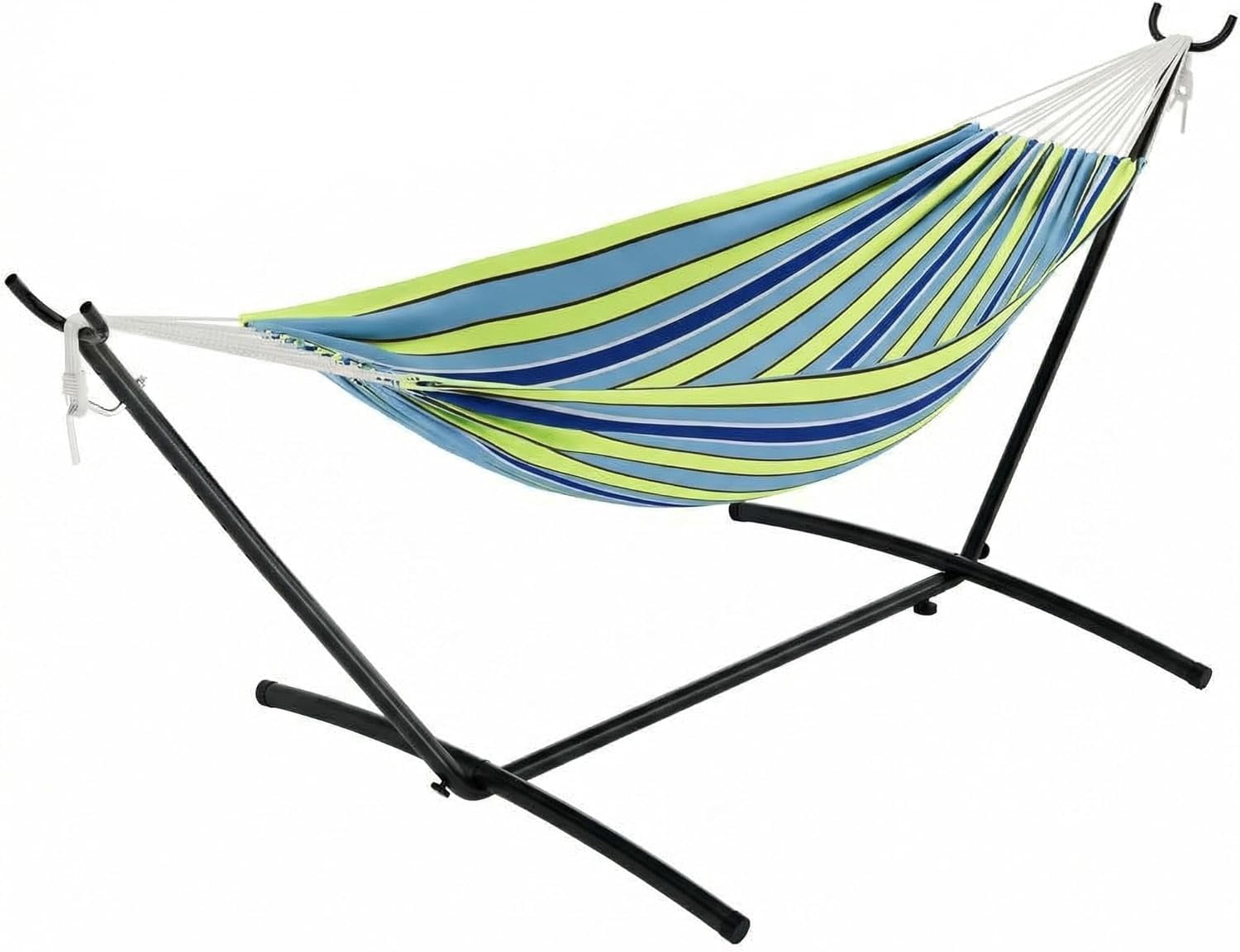 IdealHouse Double Hammock with Stand, 2 Person Cotton Rope Design, 450 Lbs Capacity, Includes Reversible Quilted Pad and Pillow, Hardwood Spreader Bars for Backyard Patio Outdoor