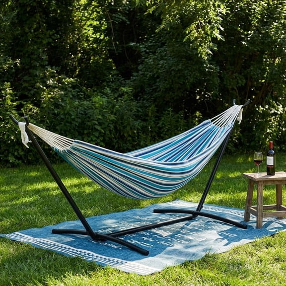 IdealHouse Double Hammock with Stand, 450 lb Capacity, Adjustable Portable Hammock Chair with Sturdy Steel Frame, Thick Rope and Carrying Bag Suitable for Backyard, Camping or Outdoor