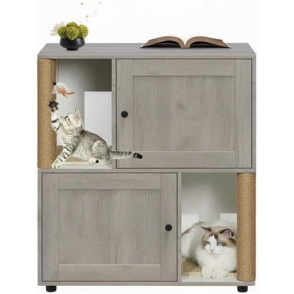 IdealHouse Double Room Cat Litter Box Enclosure for 2 Cats, Hidden Litterbox Furniture with Scratch Posts and Double-Layer Mat, Grey