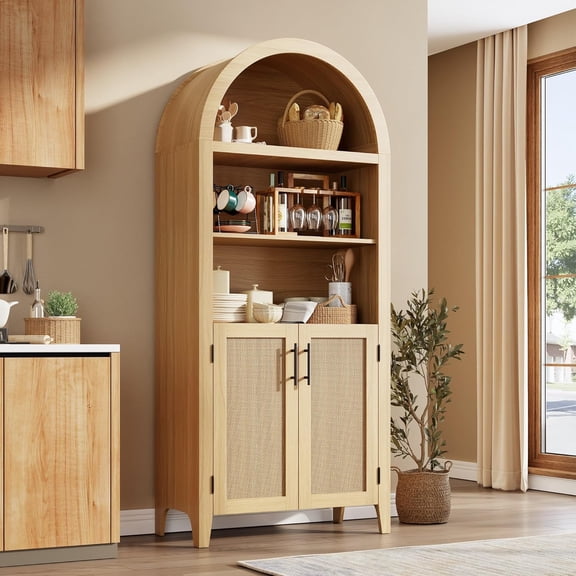 IdealHouse Farmhouse Arched Pantry Cabinet - 5-Tier Storage with Rattan Decor, Open Display Shelf for Kitchen Dining Living Room, Natural