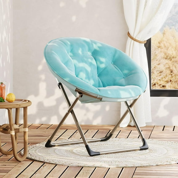 IdealHouse Faux Fur Saucer Chair - Oversized Foldable Moon Chair for Adults, 300lb Capacity Lounge Chair with Metal Frame, Plush Flower Accent Seat for Bedroom, Living Room or Dorm (Blue)