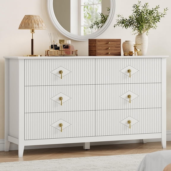 IdealHouse Fluted 6 Drawer Dresser, 54" W Modern Wooden Chest of Drawers with Metal Handles, Storage Organizer for Bedroom Living Room Hallway Entryway, White