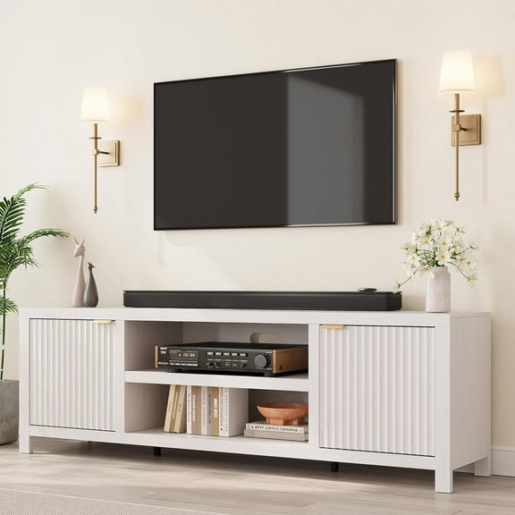 IdealHouse Fluted TV Stand for 80 Inch TV, Modern Entertainment Center with Storage, Media Console with Gold Handles & Fluted Doors, White