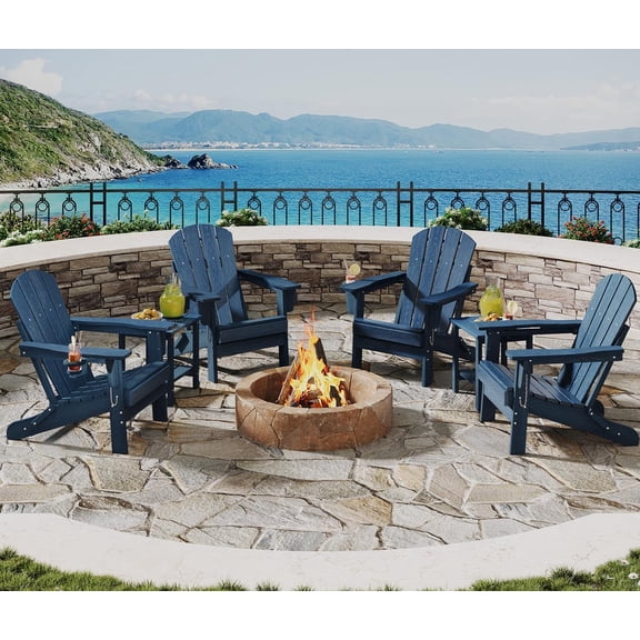 IdealHouse Folding Adirondack Chair Set of 4 with 2 Side Table, All-Weather HDPE Outdoor Chair, Wooden Textured with Cup Holder for patios, Decks, Gardens, fire pits, Navy Blue