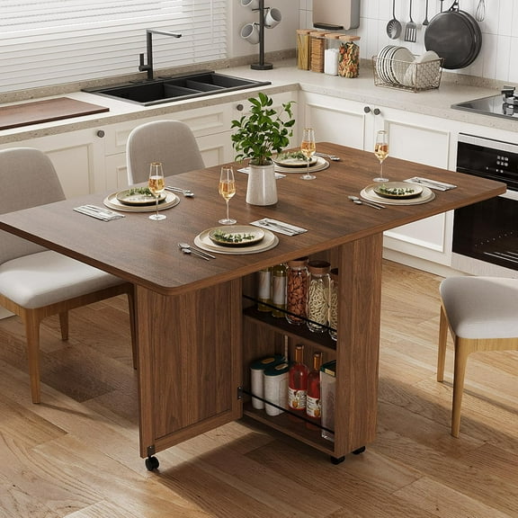 IdealHouse Folding Dining Table with Storage Drawers & Wheels, Space-Saving Kitchen Table for Small Spaces & Apartments, Brown