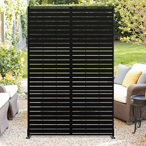 IdealHouse Freestanding Metal Outdoor Privacy Screen - 72"H x 47"W Decorative Divider - Weatherproof Fence for Backyard, Patio - Black - Horizontal Stripes