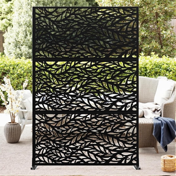 IdealHouse Freestanding Metal Outdoor Privacy Screen - 72"H x 47"W Decorative Divider - Weatherproof Fence for Backyard, Patio - Black - Leaf Design