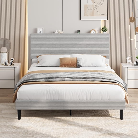 IdealHouse Full Platform Bed Frame with USB Charging Station, Corduroy Upholstered Headboard, Adjustable Storage Shelf, No Box Spring Needed, Grey