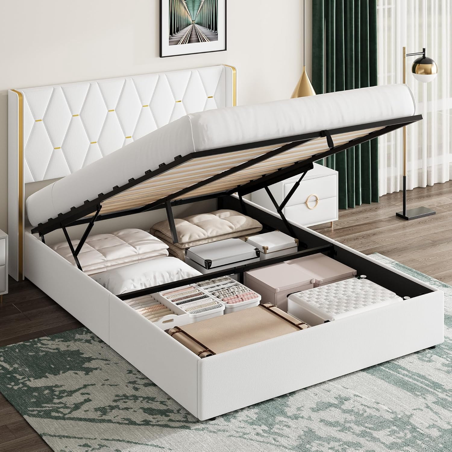 IdealHouse Full Size Lift Up Storage Bed Frame with with Gold Wingback ...