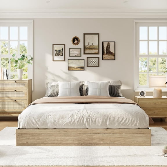 IdealHouse Full Size Solid Wood Platform Bed, Floor-Standing Bed Frame with Wooden Slats, Minimalist Space-Saving, No Box Spring Needed, Golden Tan Wood