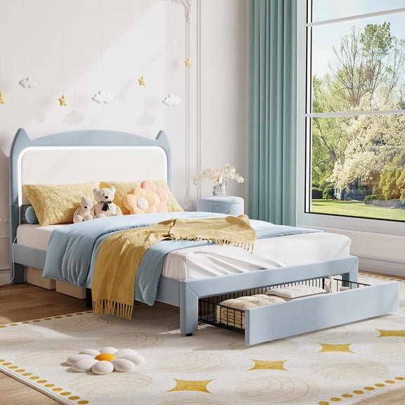 IdealHouse Full Wooden Platform Bed Frame with Storage Headboard & Raised Footboard, No Box Spring Needed, Blue With Drawer