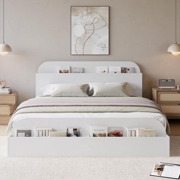IdealHouse Full Wooden Platform Bed Frame with Storage Headboard & Raised Footboard, No Box Spring Needed, White