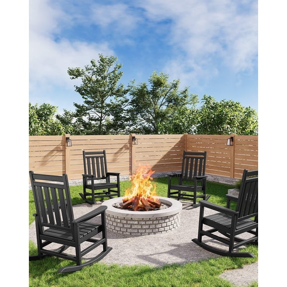 IdealHouse HDPE Rocking Chair Outdoor Set of 4 - Poly High Back Porch Rocker Chairs for Adults - All Weather Resistant Furniture for Patio Front Porch - Black