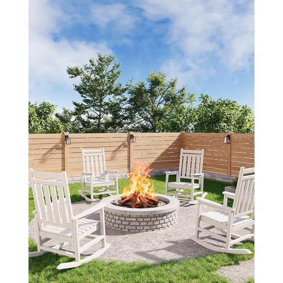 IdealHouse HDPE Rocking Chair Outdoor Set of 4 - Poly High Back Porch Rocker Chairs for Adults - All Weather Resistant Furniture for Patio Front Porch - White