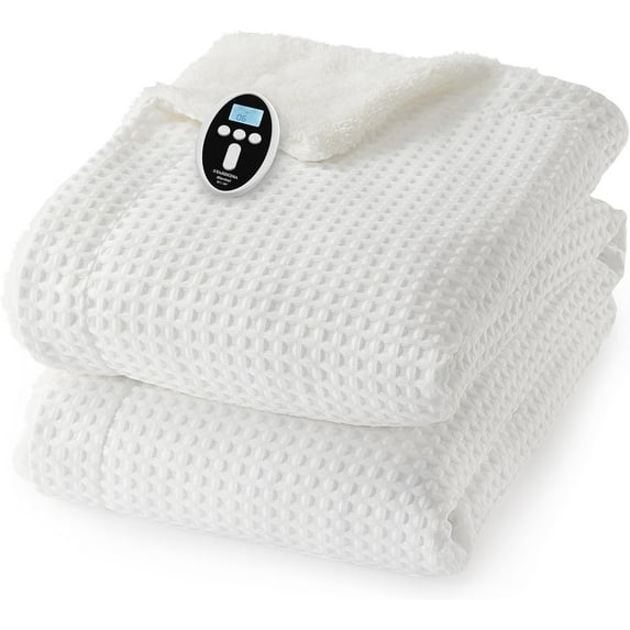 IdealHouse Heated Blanket, Dual-Sided Waffle Weave, 6 Heat Levels, LCD Controller, Machine Washable, White, 84x90 Inches