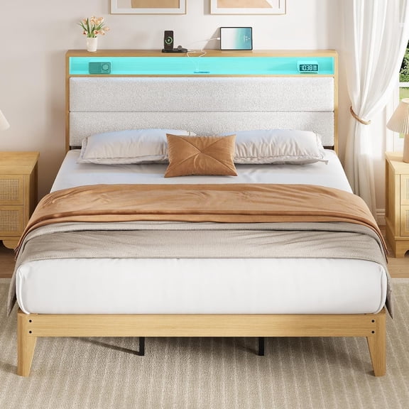 IdealHouse King Size Bed Frame with Storage Headboard, Boucle Upholstered Platform Bed with RGB LED Lights & Charging Station, No Box Spring Needed, White