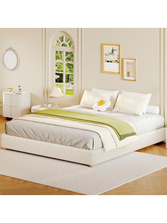 King Size Teddy Fleece Low Profile Cloud Bed Frame, Upholstered Platform, Solid Wood Legs, No Box Spring, Noise-Free, Easy Assembly, Cream