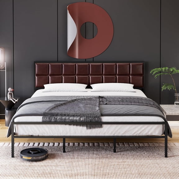 IdealHouse King Upholstered Metal Bed Frame, Faux Leather Square-Stitched Headboard, Steel Slats, Box Spring Optional, Beige