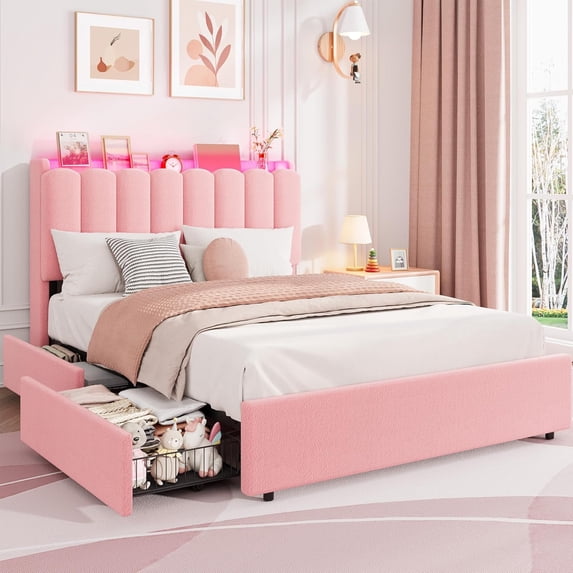 IdealHouse LED Full Size Bed Frame with Storage Headboard, Boucle Upholstered Platform Bed for Girls, 2 Drawers & Bookcase, No Box Spring Needed, Pink