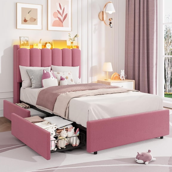 IdealHouse LED Twin Size Bed Frame with Storage Headboard, Boucle Upholstered Platform Bed for Girls, 2 Drawers & Bookcase, No Box Spring Needed, Dark Pink
