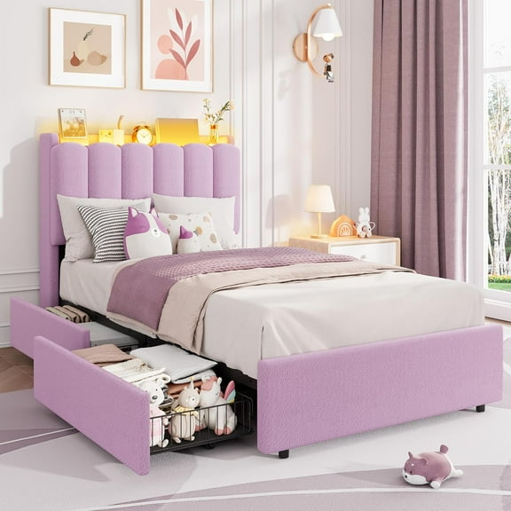 IdealHouse LED Twin Size Bed Frame with Storage Headboard, Boucle Upholstered Platform Bed for Girls, 2 Drawers & Bookcase, No Box Spring Needed, Purple