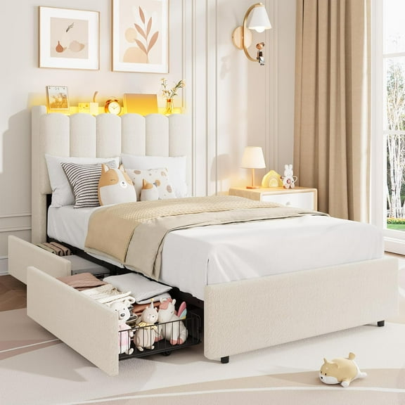 IdealHouse LED Twin Size Bed Frame with Storage Headboard, Boucle Upholstered Platform Bed for Girls, 2 Drawers & Bookcase, No Box Spring Needed, White